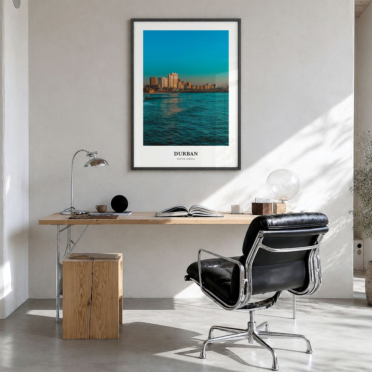 Durban Classic Poster in a black wood frame, hanging in a bright home office