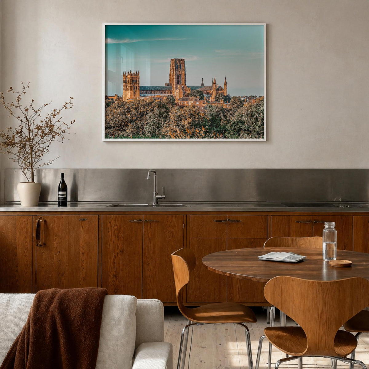 Durham, England colorful photo poster of United Kingdom – horizontal wall art in white wood frame, hanging on wall