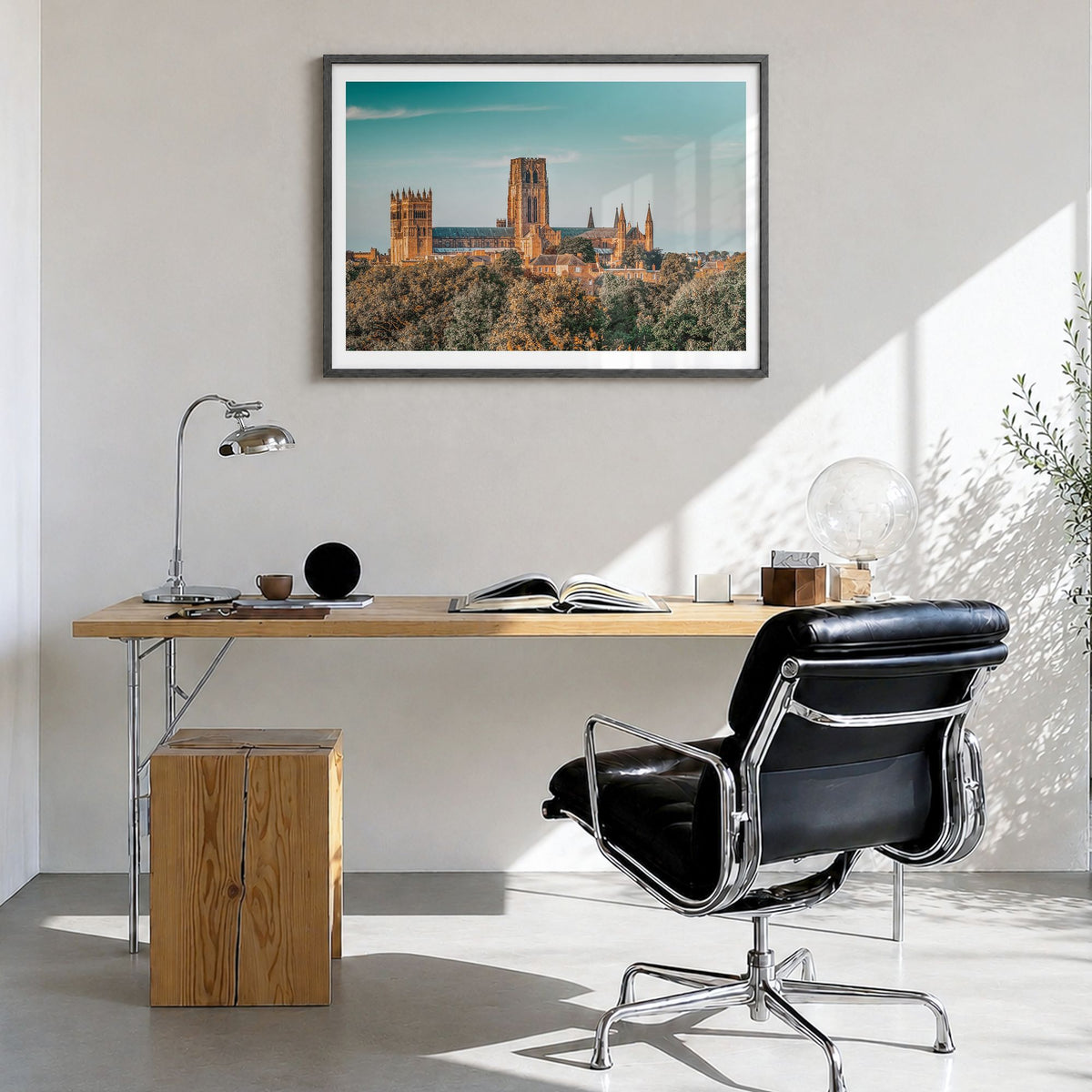 Durham, England Photo Poster in a black wood frame, hanging in a bright home office, white border