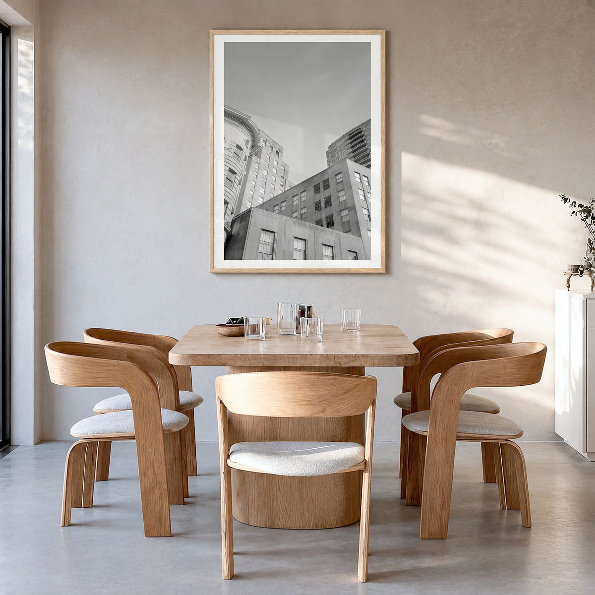 Durham, England Photo Poster in a natural wood frame, hanging in a dining room, white border