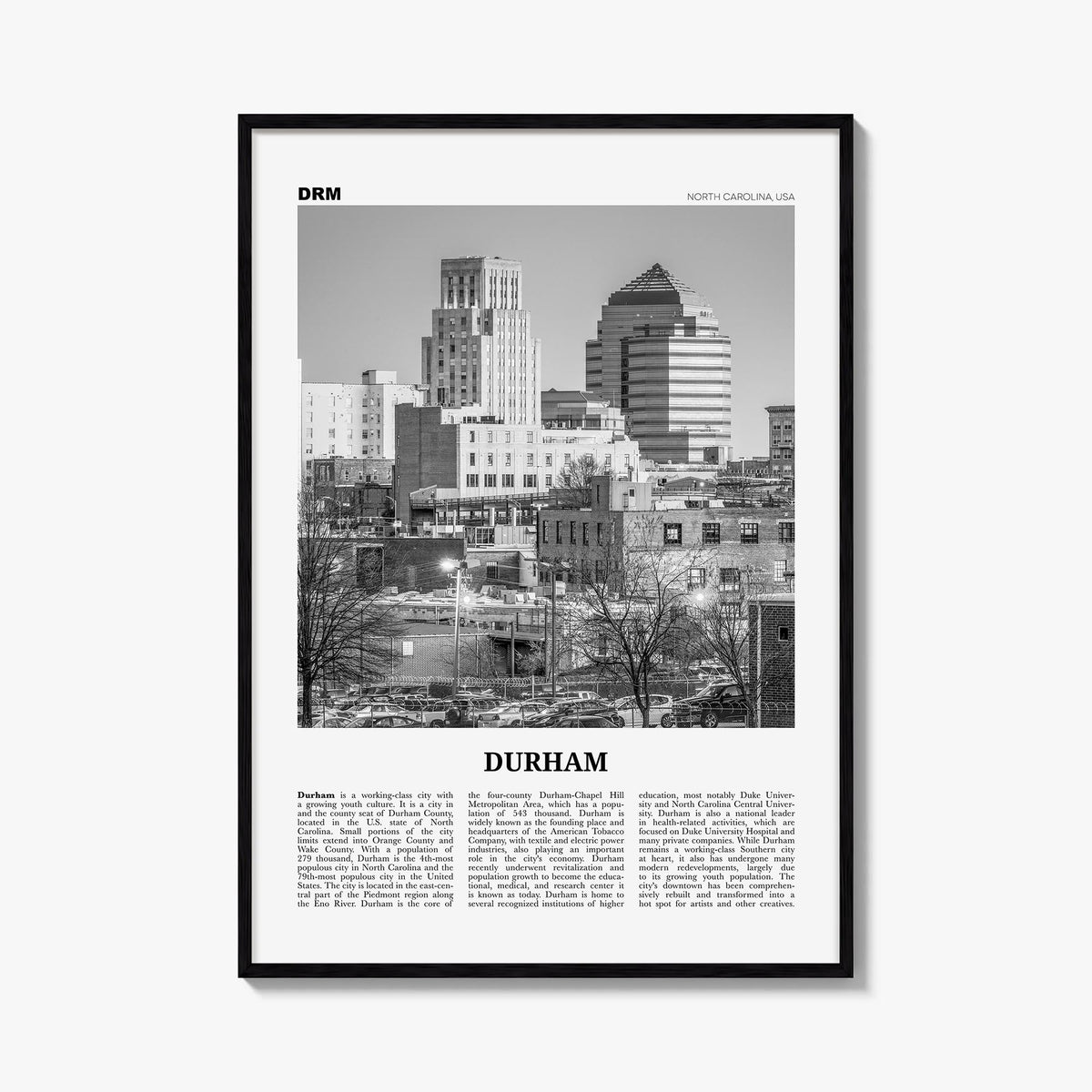 Durham, North Carolina black & white newspaper poster of North Carolina, USA – vertical wall art, unframed print shown in int