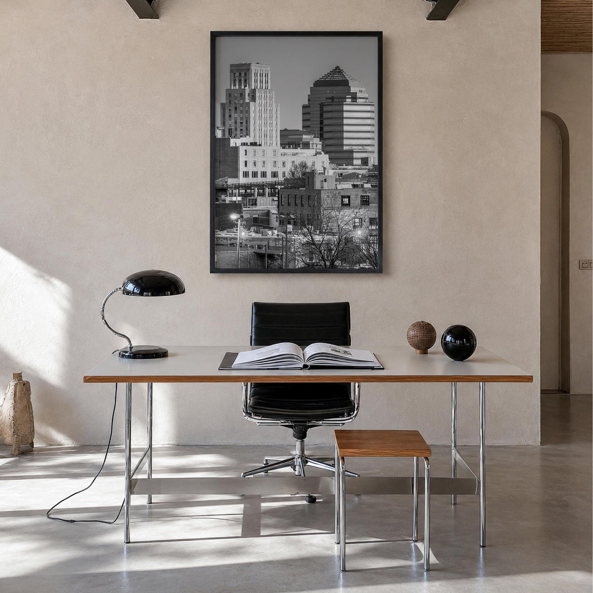Durham, North Carolina black & white photo poster of North Carolina, USA – vertical wall art in black wood frame, hanging on