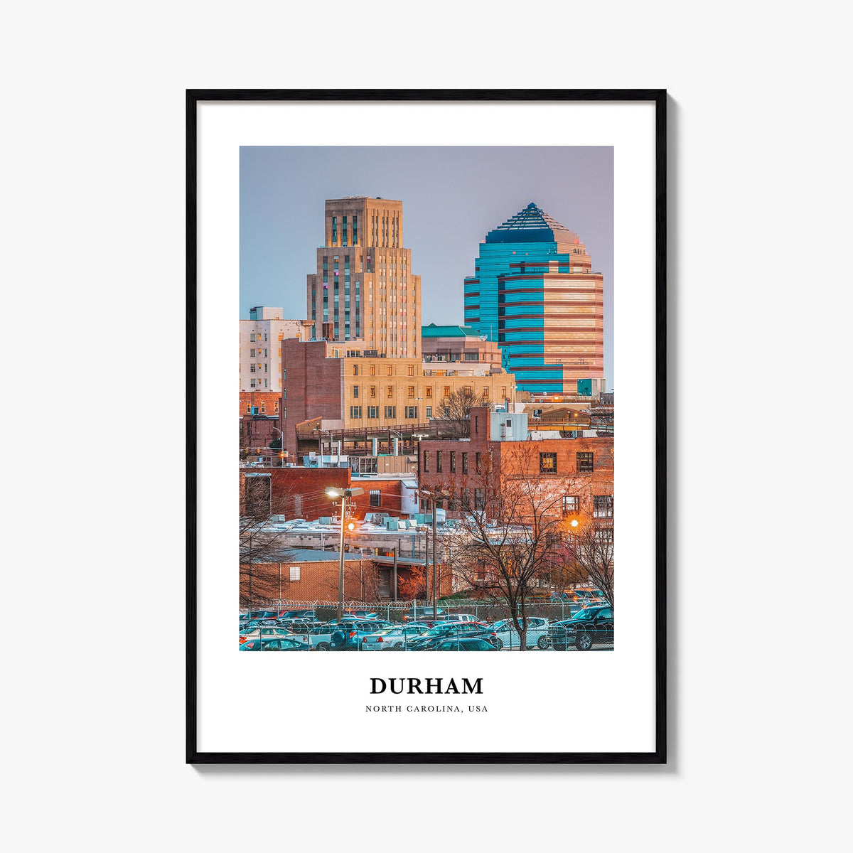 Durham, North Carolina colorful classic poster of North Carolina, USA – vertical wall art, unframed print shown in interior m