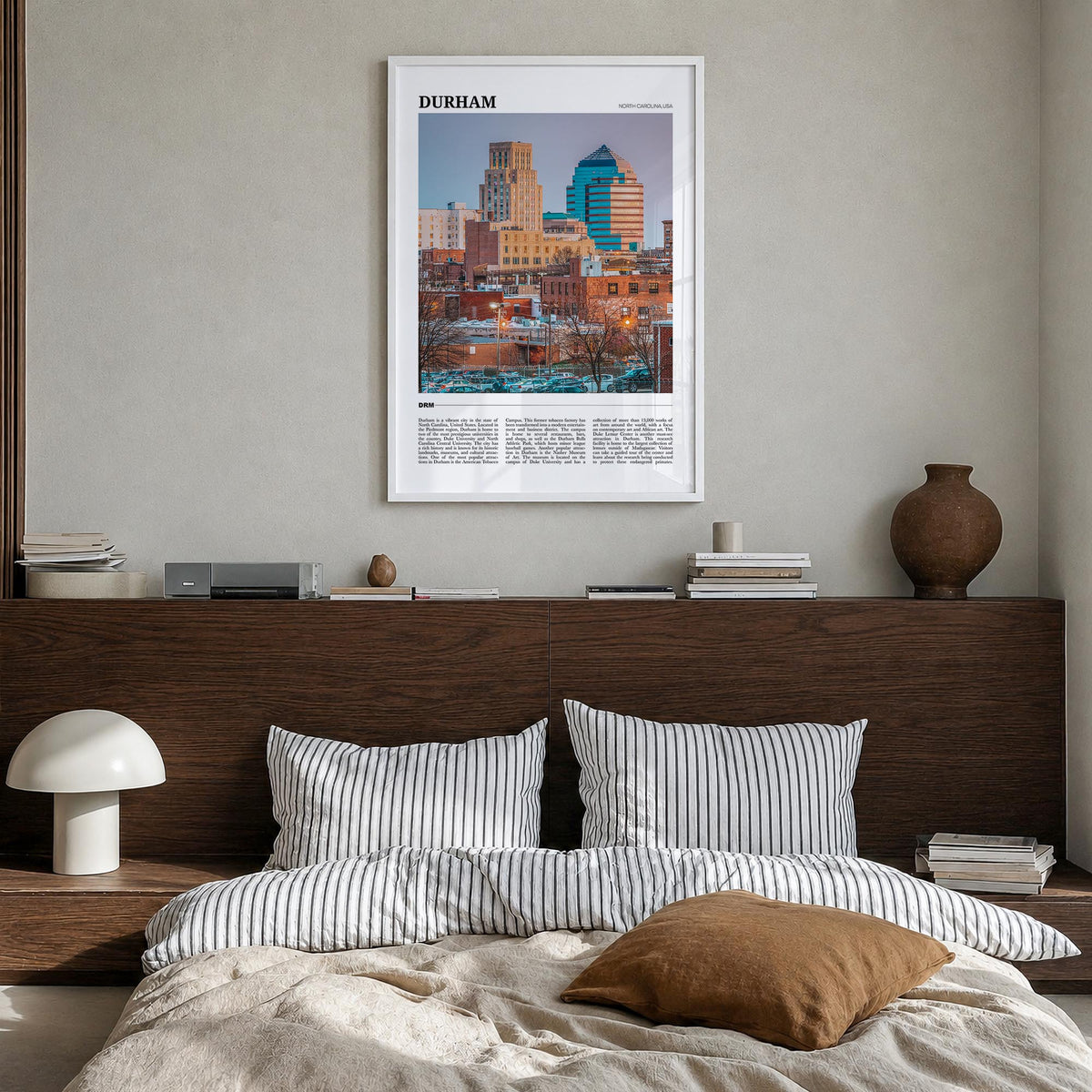 Durham, North Carolina colorful travel poster of North Carolina, USA – vertical wall art in white wood frame, hanging on wall