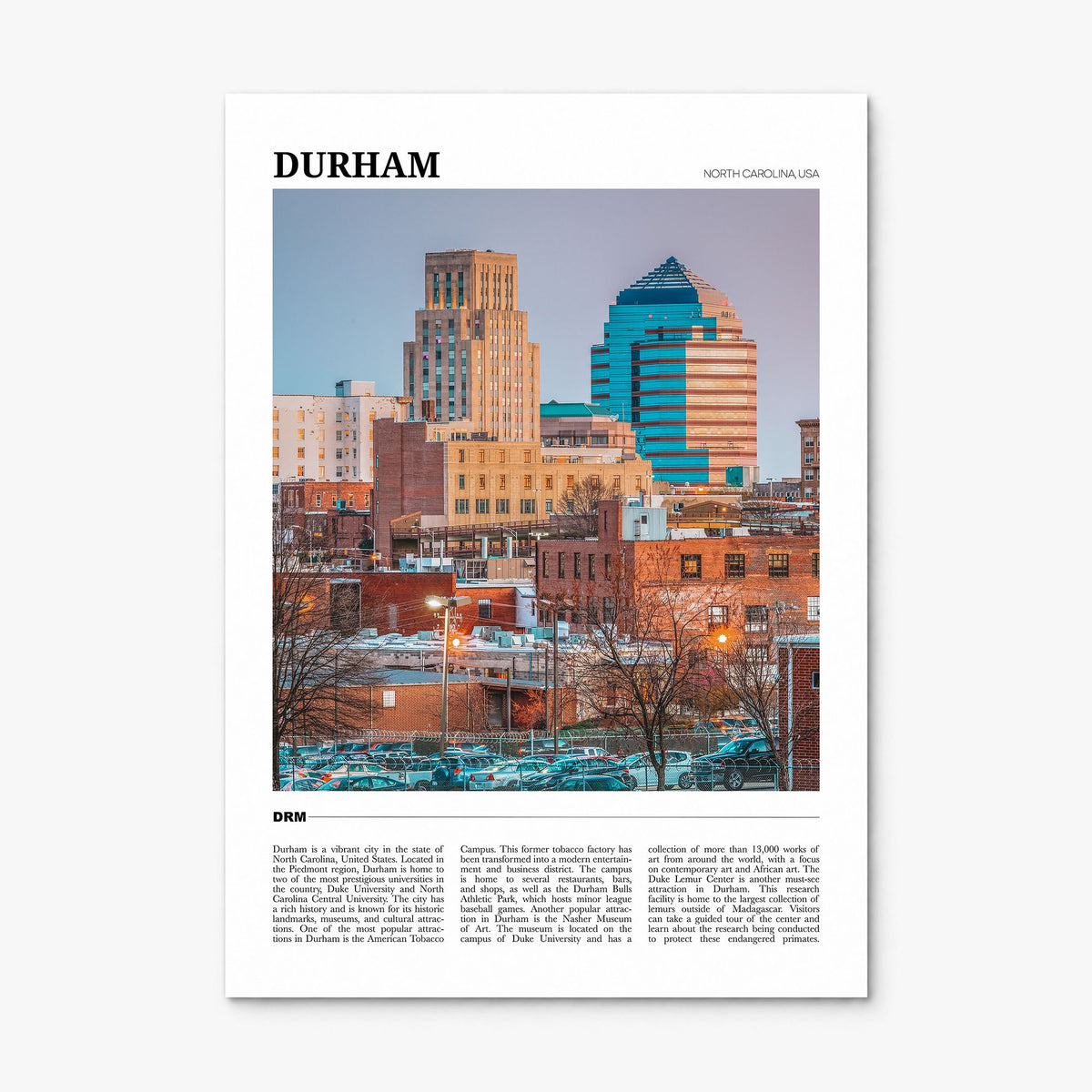 Durham, North Carolina Travel Poster, print only (unframed)