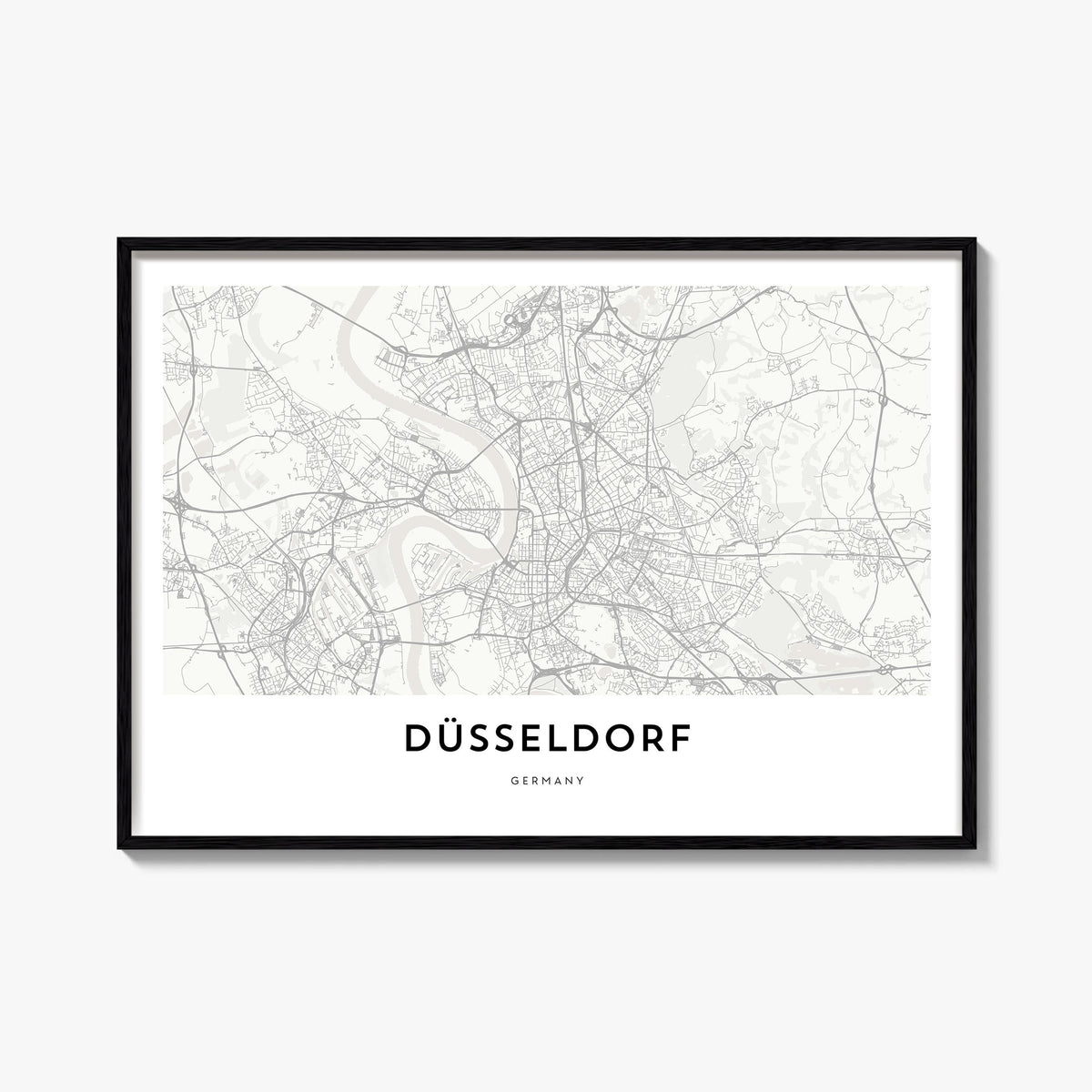 Düsseldorf black & white map poster of Germany – horizontal wall art, unframed print shown in interior mockup