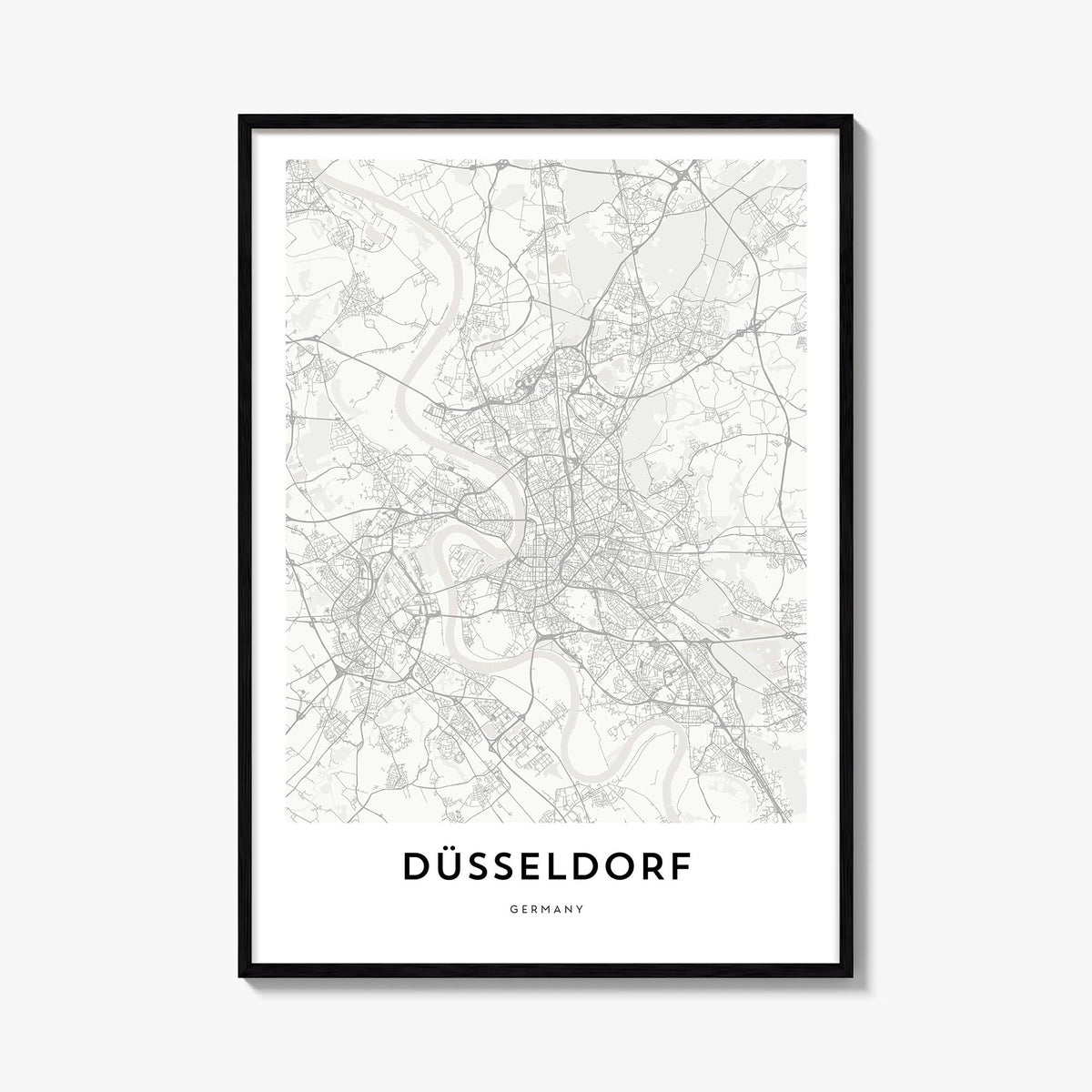 Düsseldorf black & white map poster of Germany – vertical wall art, unframed print shown in interior mockup