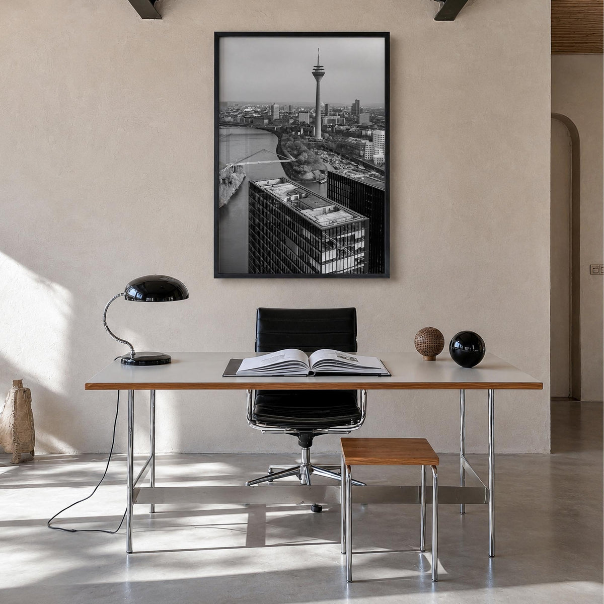 Düsseldorf black & white photo poster of Germany – vertical wall art in black wood frame, hanging on wall