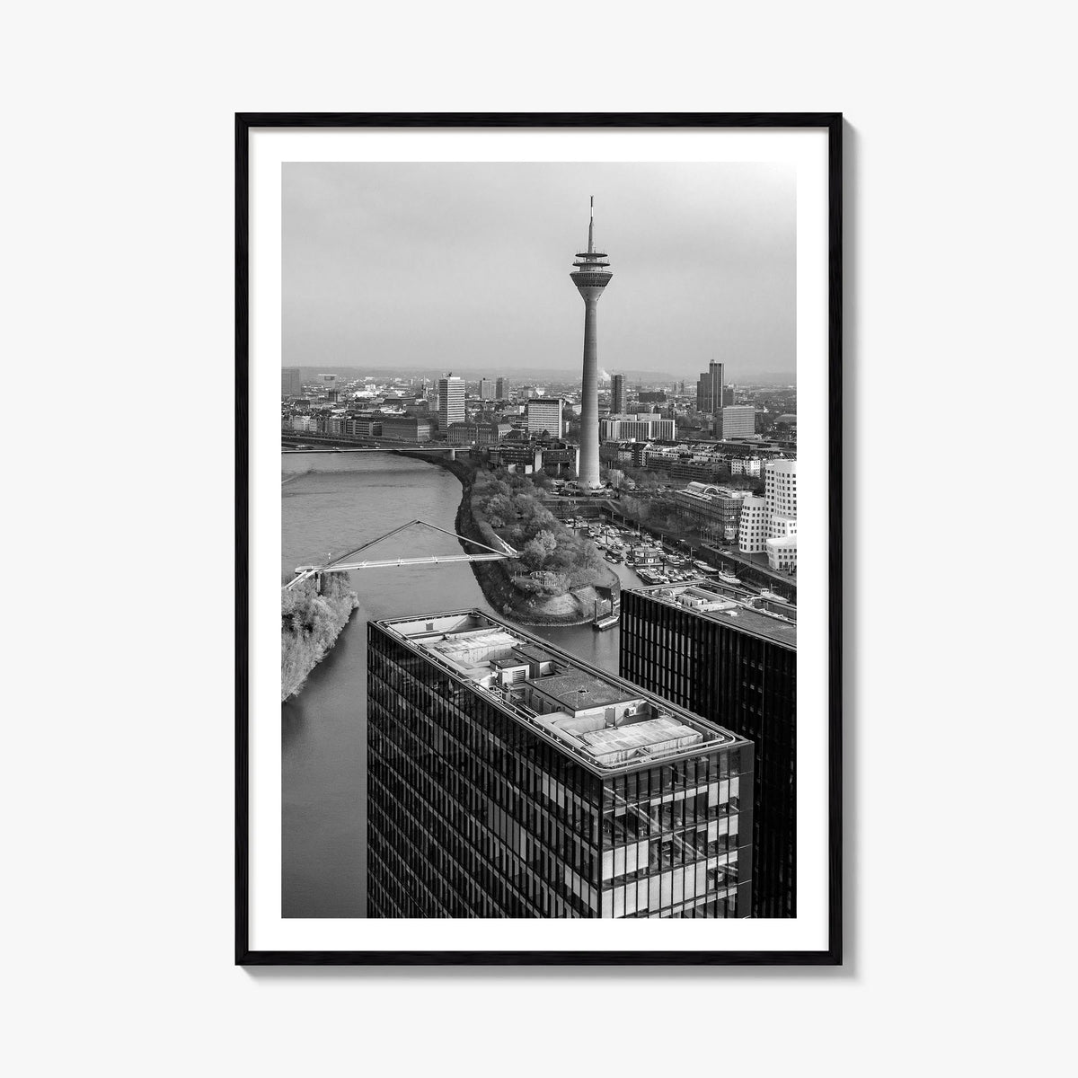 Düsseldorf black & white photo poster of Germany – vertical wall art, unframed print shown in interior mockup