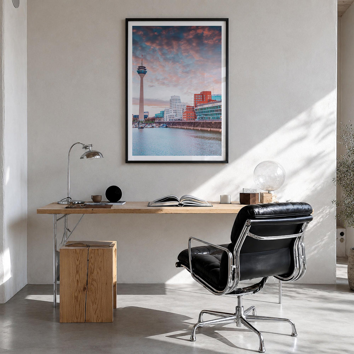 Düsseldorf colorful photo poster of Germany – vertical wall art in black wood frame with white border, hanging on wall