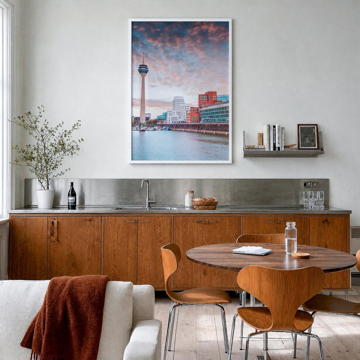 Düsseldorf colorful photo poster of Germany – vertical wall art in white wood frame, hanging on wall