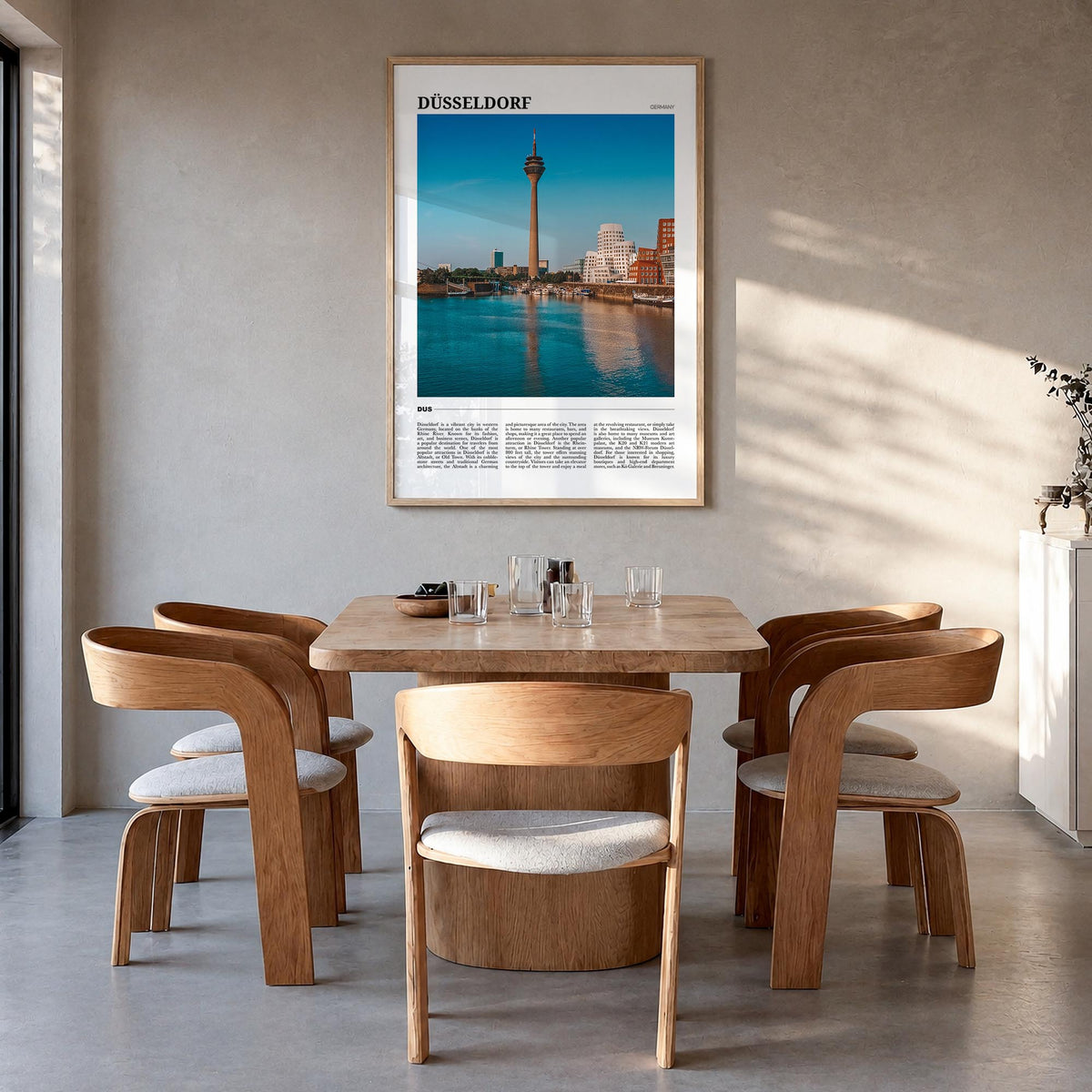 Düsseldorf colorful travel poster of Germany – vertical wall art in natural wood frame, hanging on wall