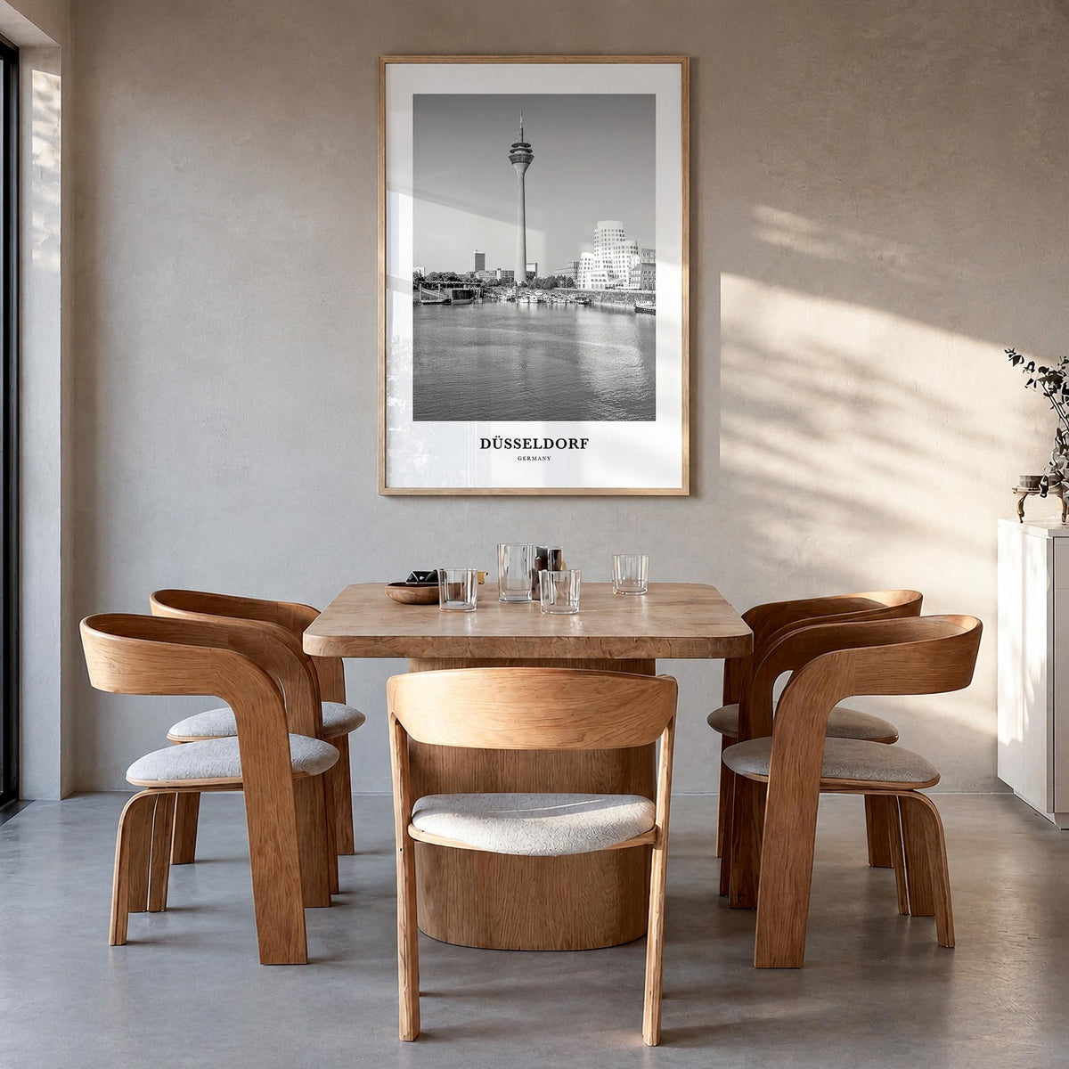 Düsseldorf no. 2 black & white classic poster of Germany – vertical wall art in natural wood frame, hanging on wall