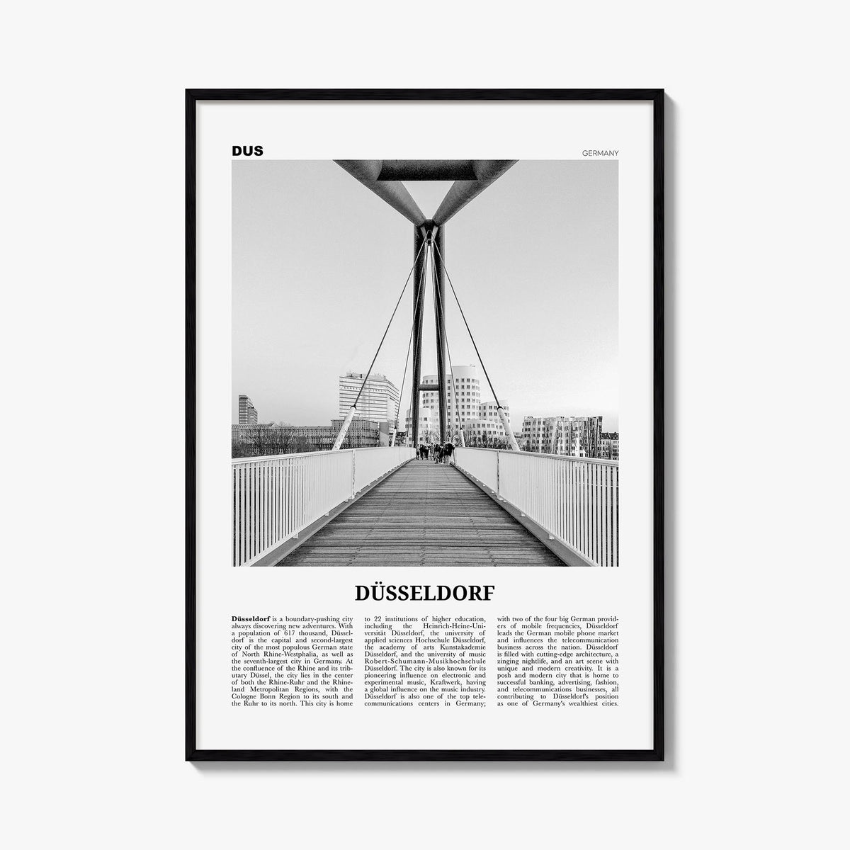 Düsseldorf no. 2 black & white newspaper poster of Germany – vertical wall art, unframed print shown in interior mockup
