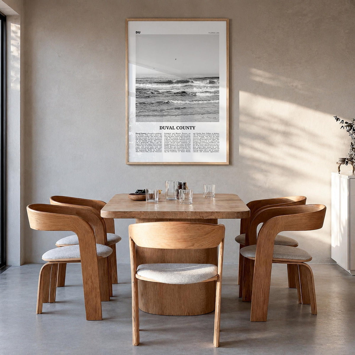 Duval County black & white newspaper poster of Florida, USA – vertical wall art in natural wood frame, hanging on wall