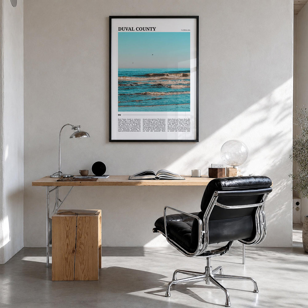 Duval County colorful travel poster of Florida, USA – vertical wall art in black wood frame, hanging on wall