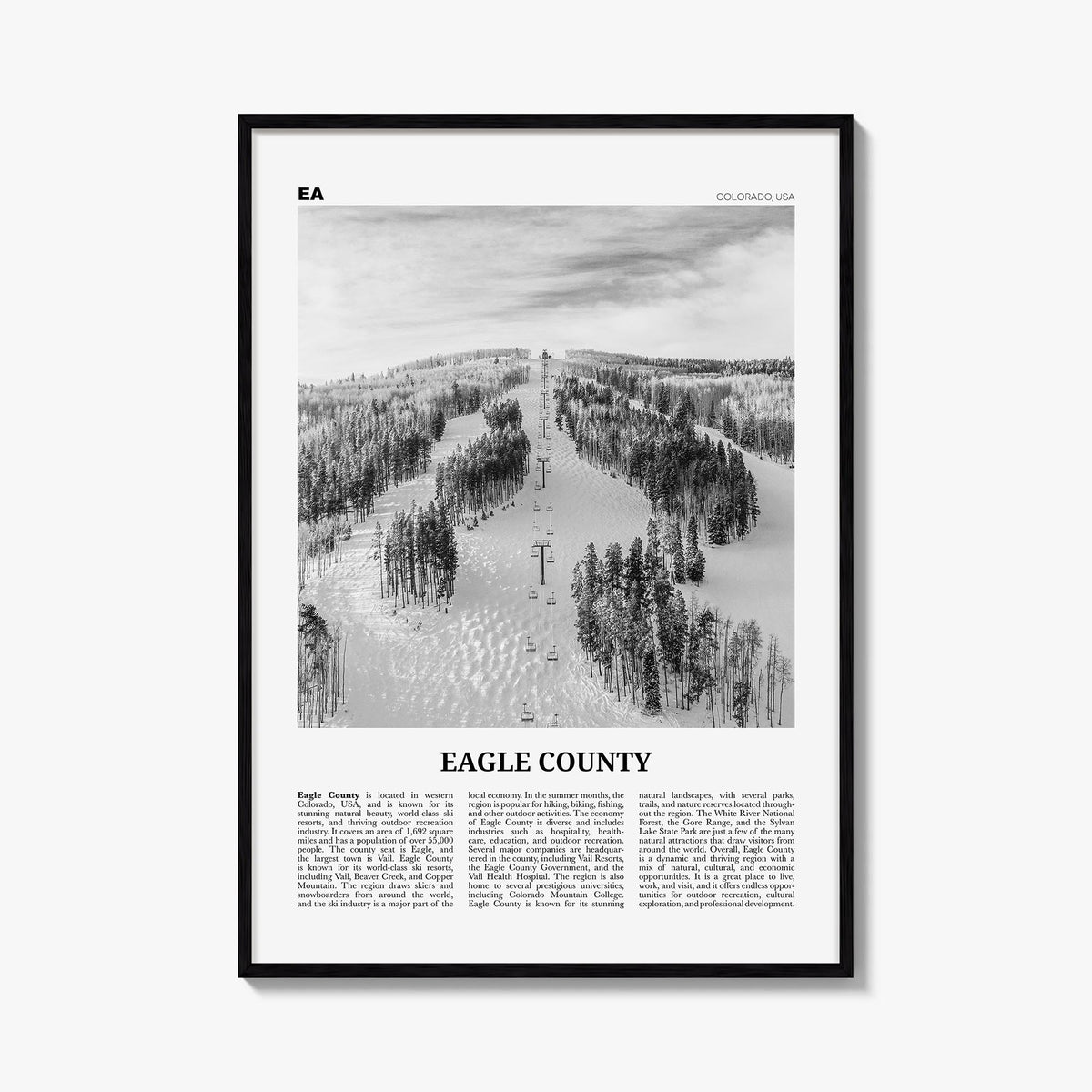 Eagle County black & white newspaper poster of Colorado, USA – vertical wall art, unframed print shown in interior mockup
