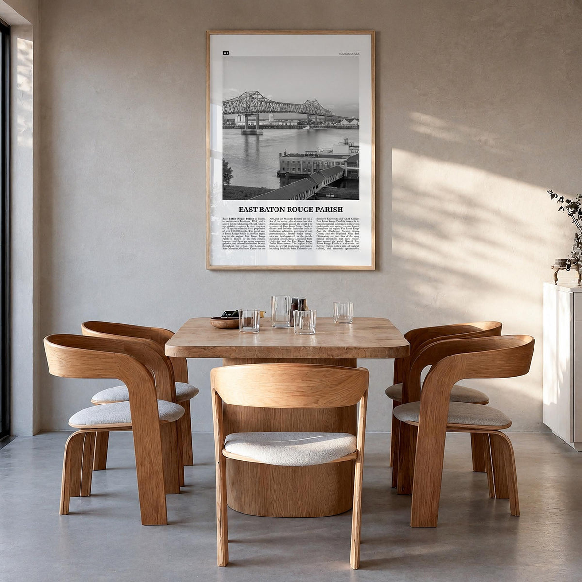 East Baton Rouge Parish black & white newspaper poster of Louisiana, USA – vertical wall art in natural wood frame, hanging o