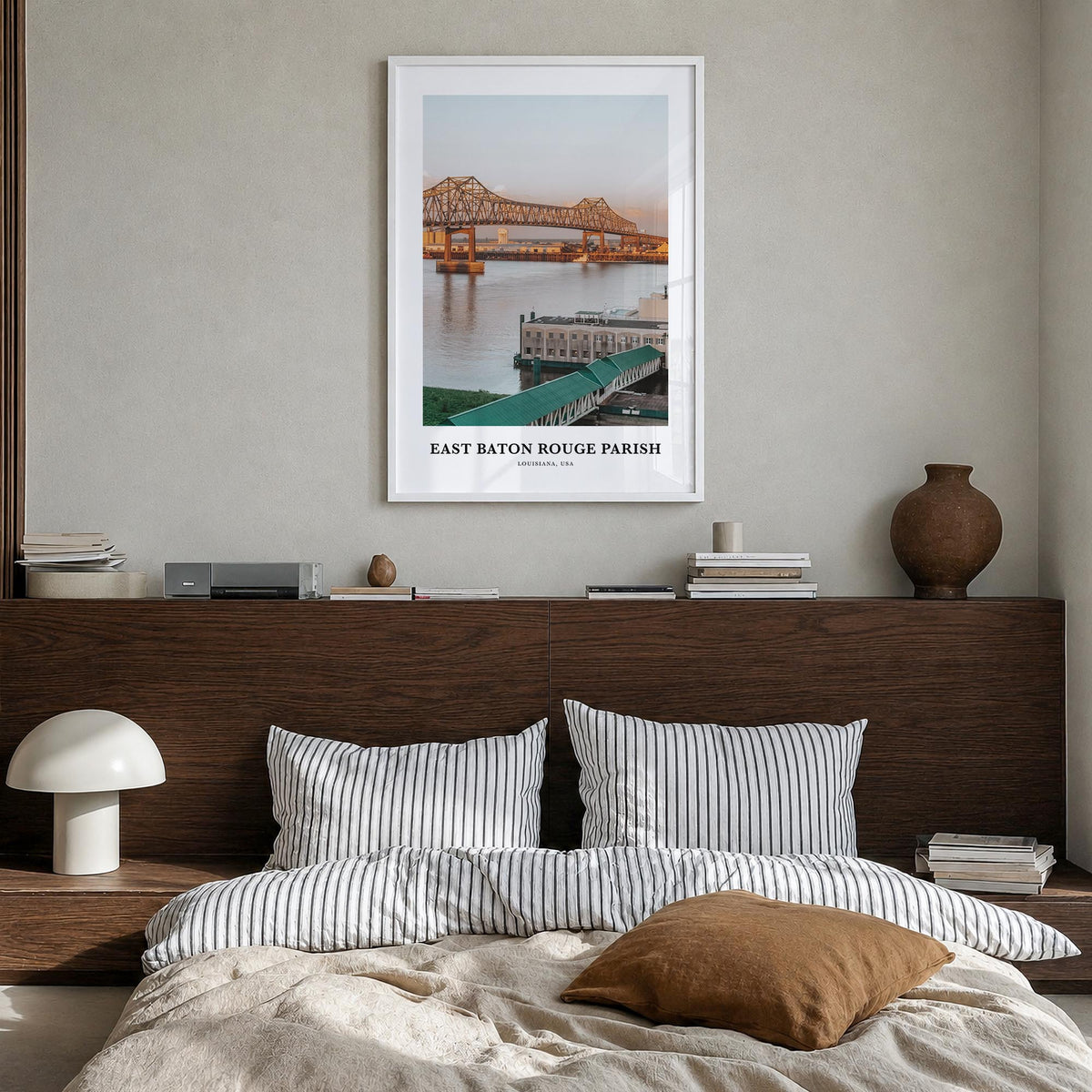 East Baton Rouge Parish colorful classic poster of Louisiana, USA – vertical wall art in white wood frame, hanging on wall