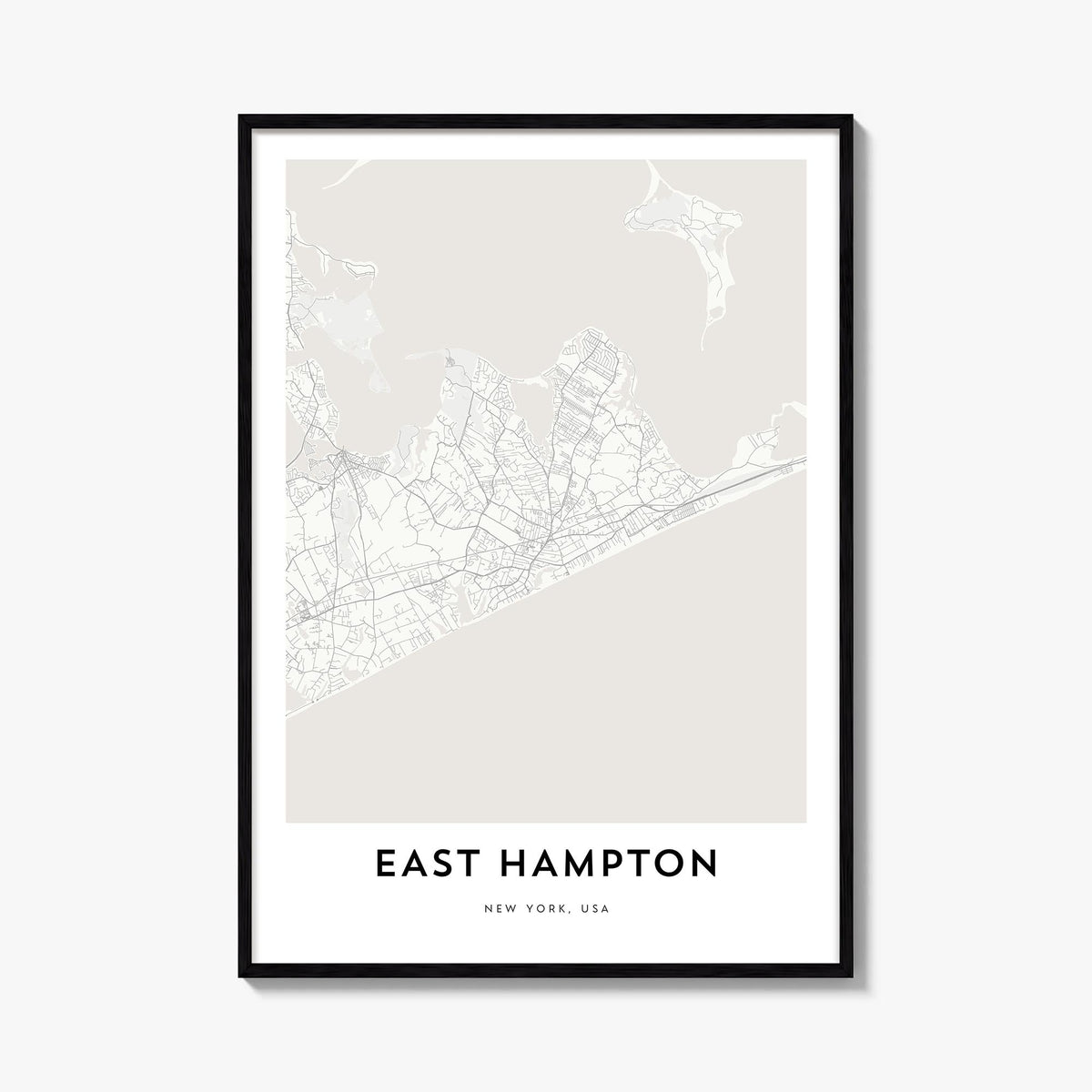 East Hampton black & white map poster of New York, USA – vertical wall art, unframed print shown in interior mockup