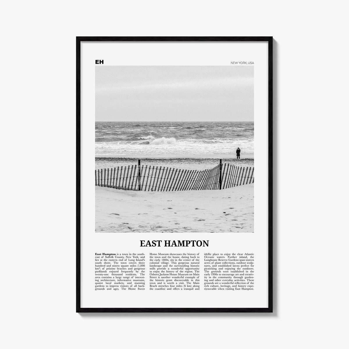 East Hampton black & white newspaper poster of New York, USA – vertical wall art, unframed print shown in interior mockup