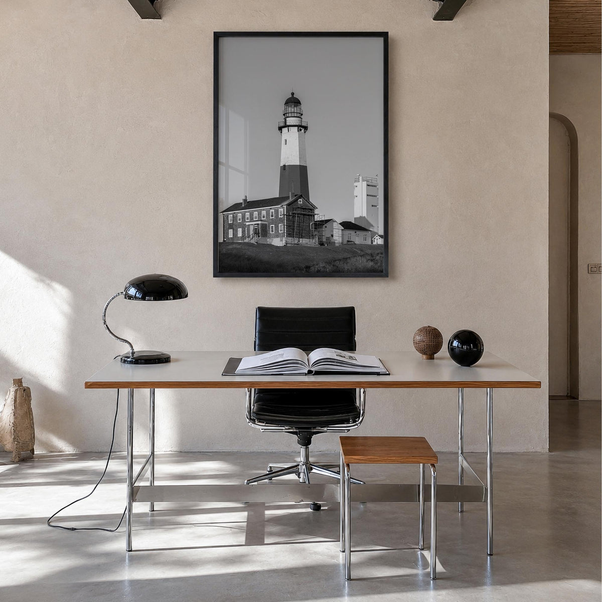 East Hampton black & white photo poster of New York, USA – vertical wall art in black wood frame, hanging on wall