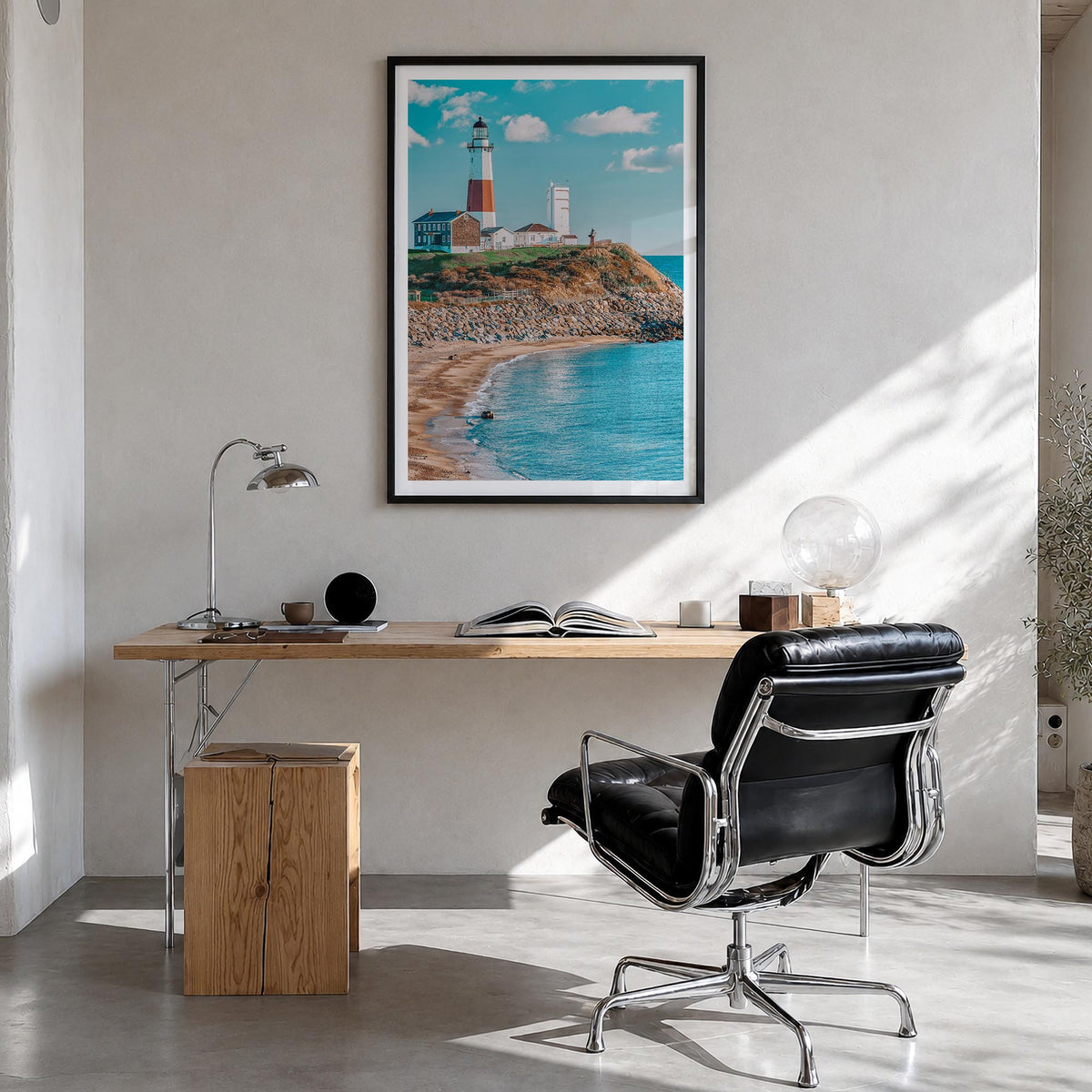 East Hampton colorful photo poster of New York, USA – vertical wall art in black wood frame with white border, hanging on wal