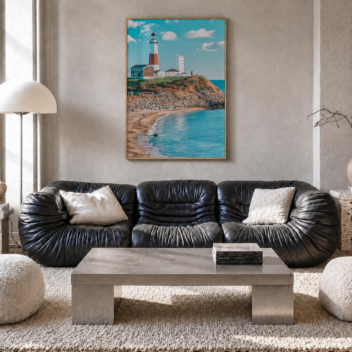 East Hampton colorful photo poster of New York, USA – vertical wall art in natural wood frame, hanging on wall