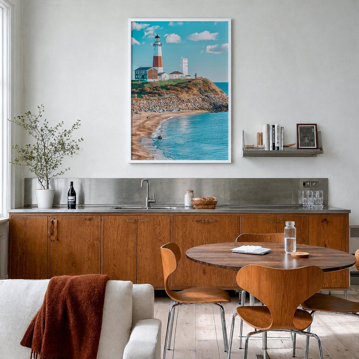 East Hampton colorful photo poster of New York, USA – vertical wall art in white wood frame, hanging on wall