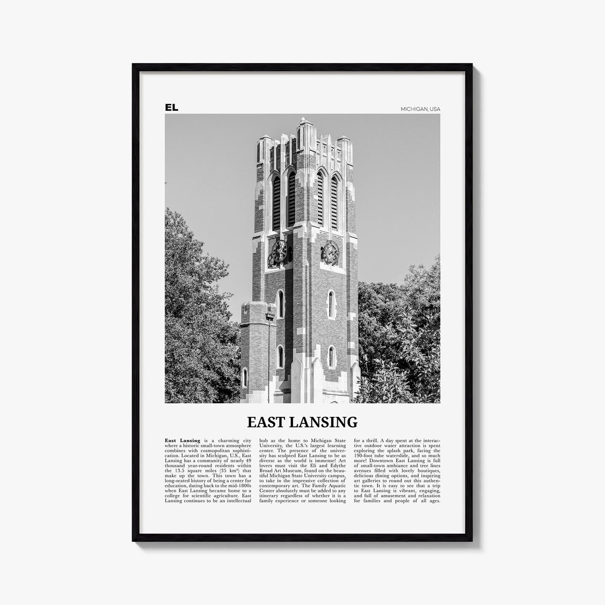 East Lansing black & white newspaper poster of Michigan, USA – vertical wall art, unframed print shown in interior mockup