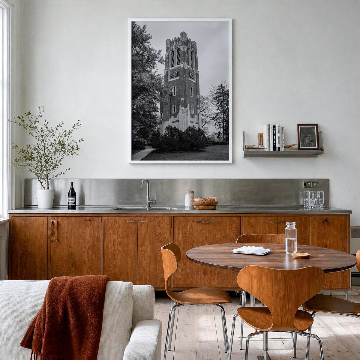 East Lansing black & white photo poster of Michigan, USA – vertical wall art in white wood frame, hanging on wall