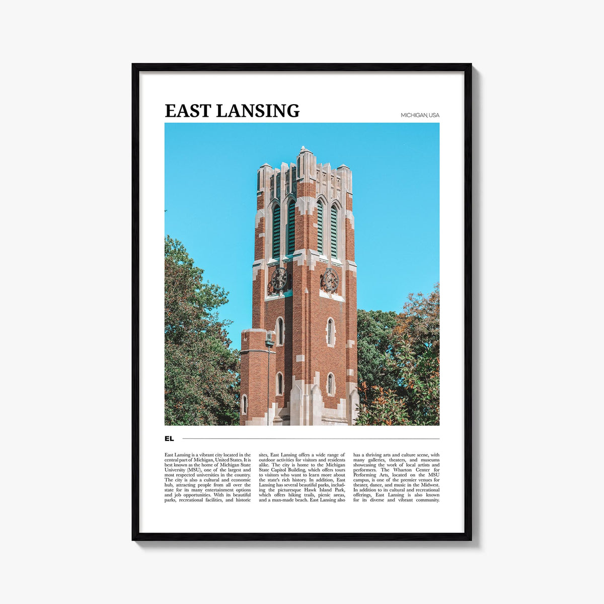 East Lansing colorful travel poster of Michigan, USA – vertical wall art, unframed print shown in interior mockup