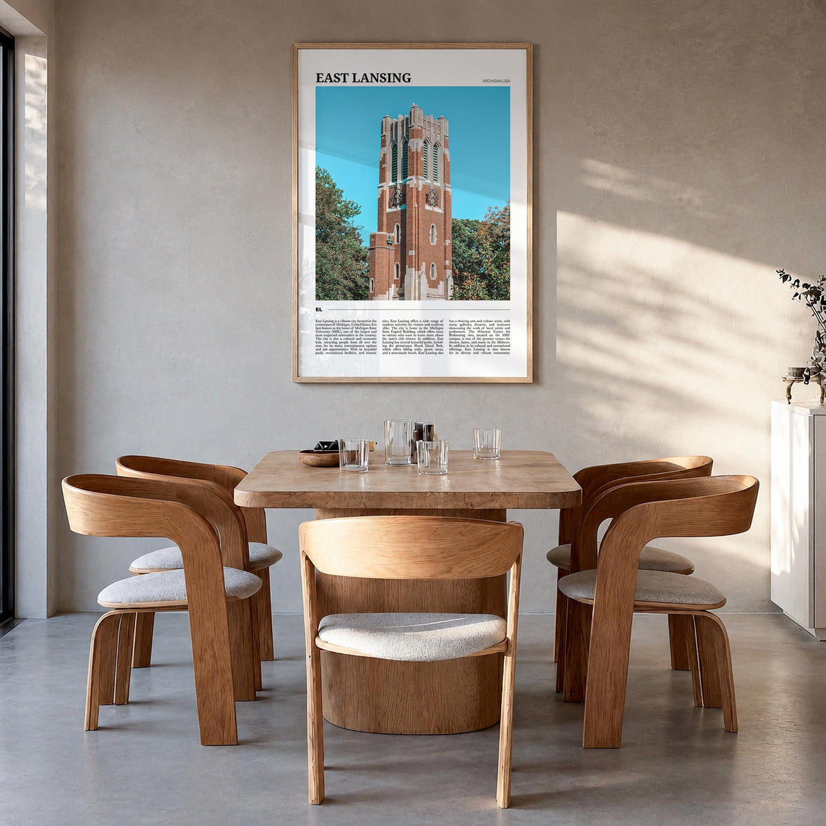 East Lansing colorful travel poster of Michigan, USA – vertical wall art in natural wood frame, hanging on wall