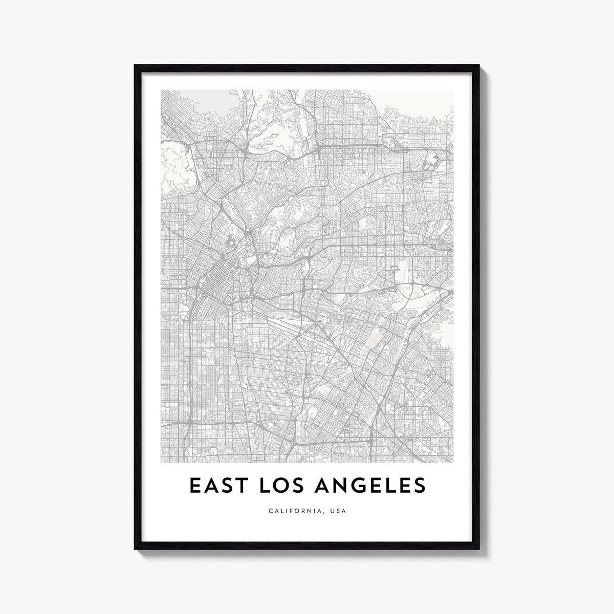 East Los Angeles black & white map poster of Los Angeles, California – vertical wall art, unframed print shown in interior mo