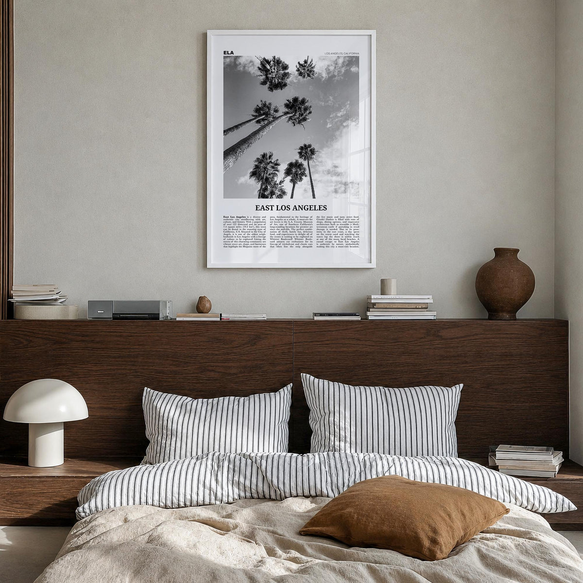 East Los Angeles black & white newspaper poster of Los Angeles, California – vertical wall art in white wood frame, hanging o