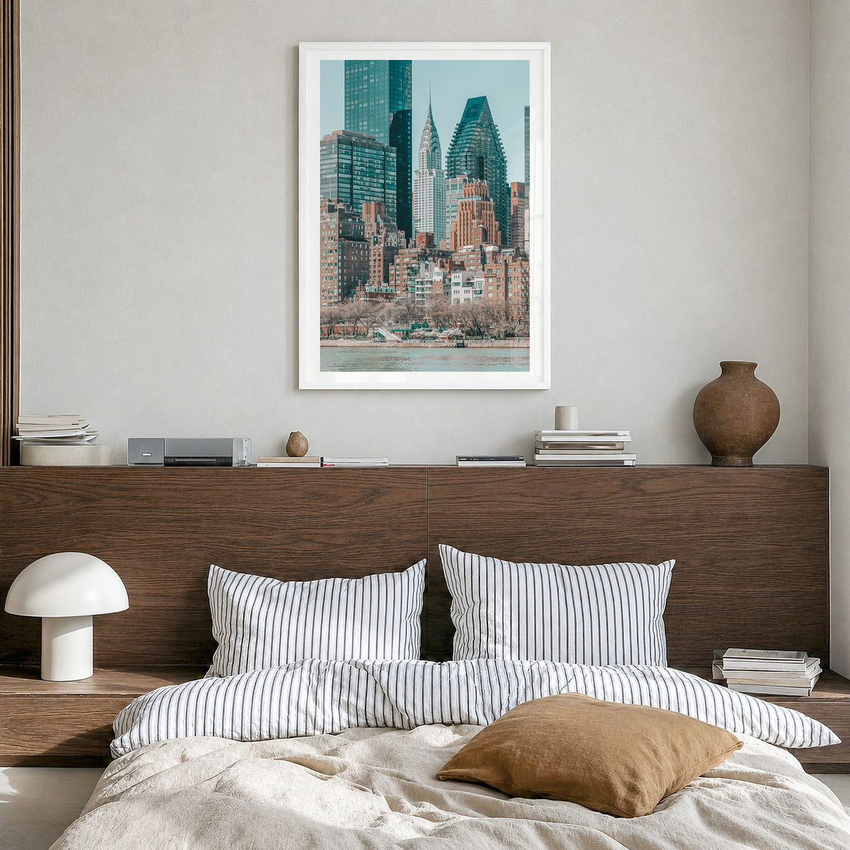Roosevelt Island, New York City Photo Poster in a white wood frame, hanging in a bedroom, white border