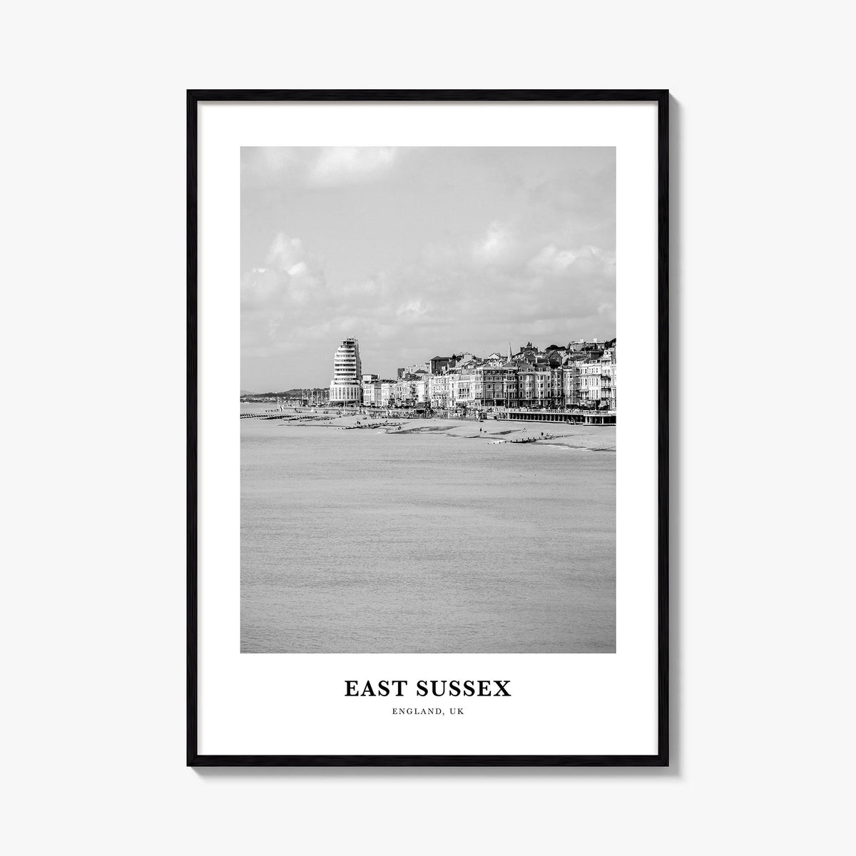 East Sussex black & white classic poster of United Kingdom – vertical wall art, unframed print shown in interior mockup
