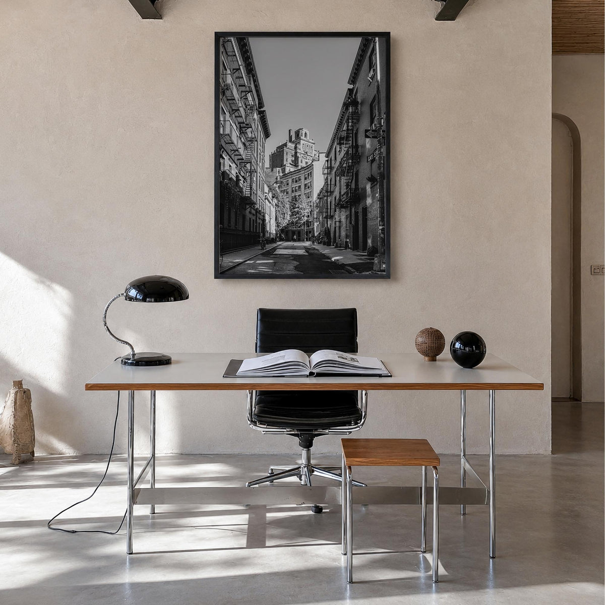 East Village, New York black & white photo poster of New York, USA – vertical wall art in black wood frame, hanging on wall