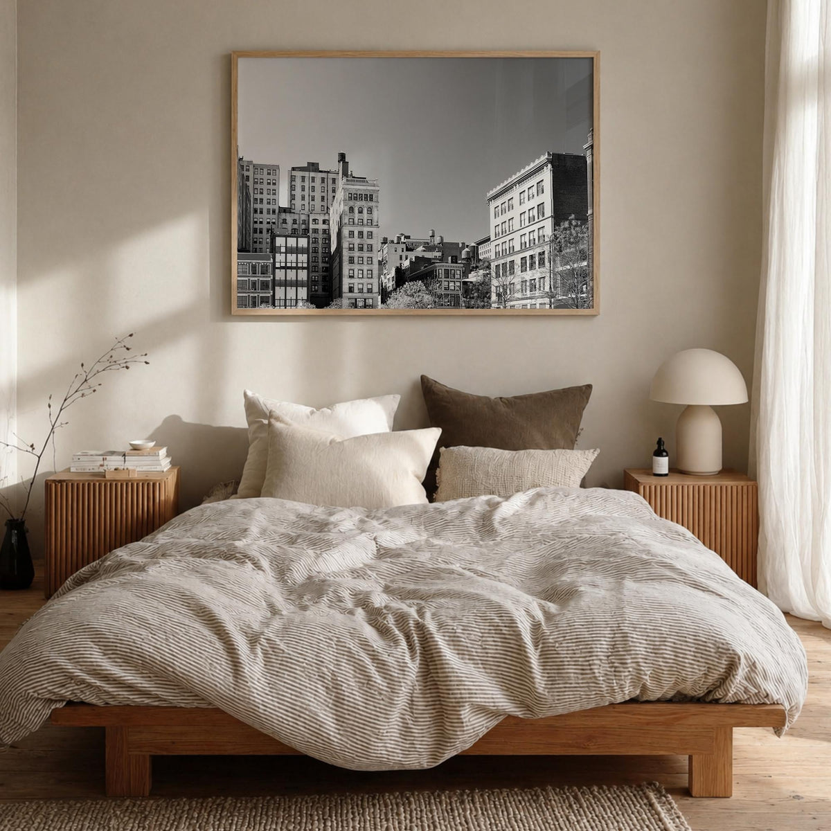 East Village, New York black & white photo poster of New York, USA – horizontal wall art in natural wood frame, hanging on wa