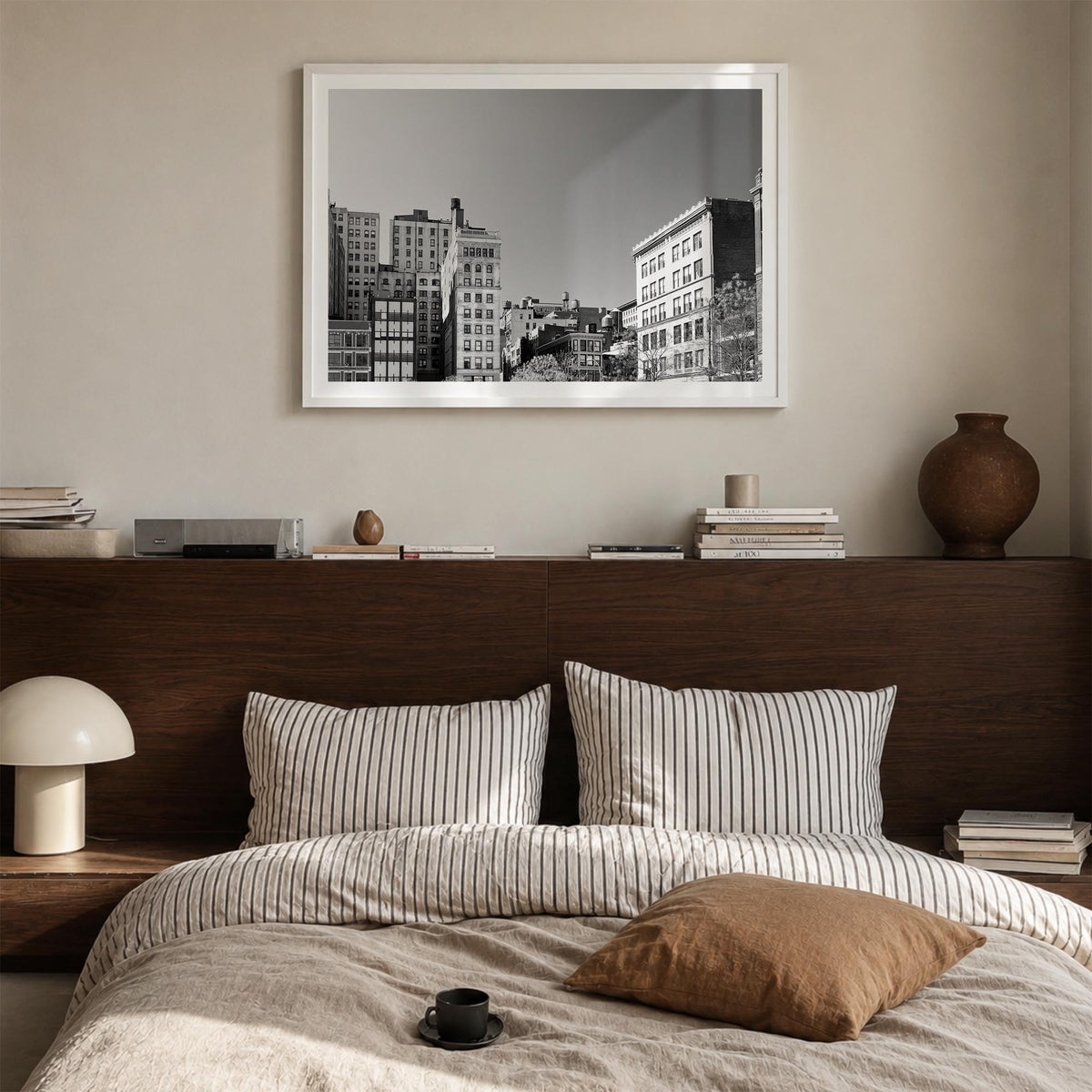 East Village, New York black & white photo poster of New York, USA – horizontal wall art in white wood frame with white borde