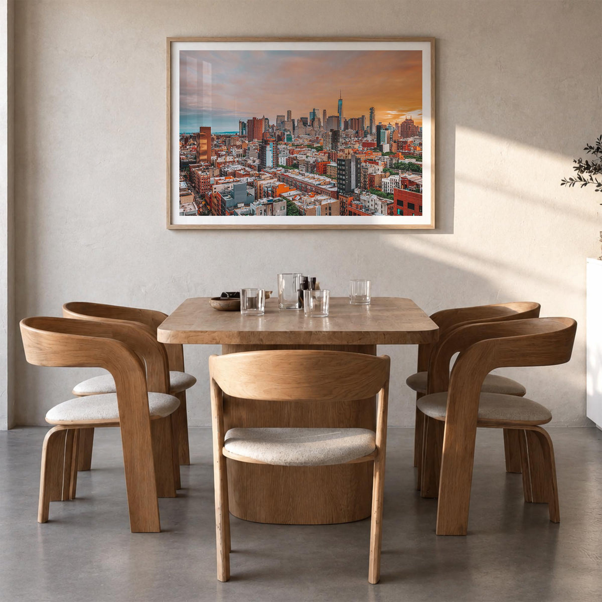 East Village, New York colorful photo poster of New York, USA – horizontal wall art in natural wood frame with white border,