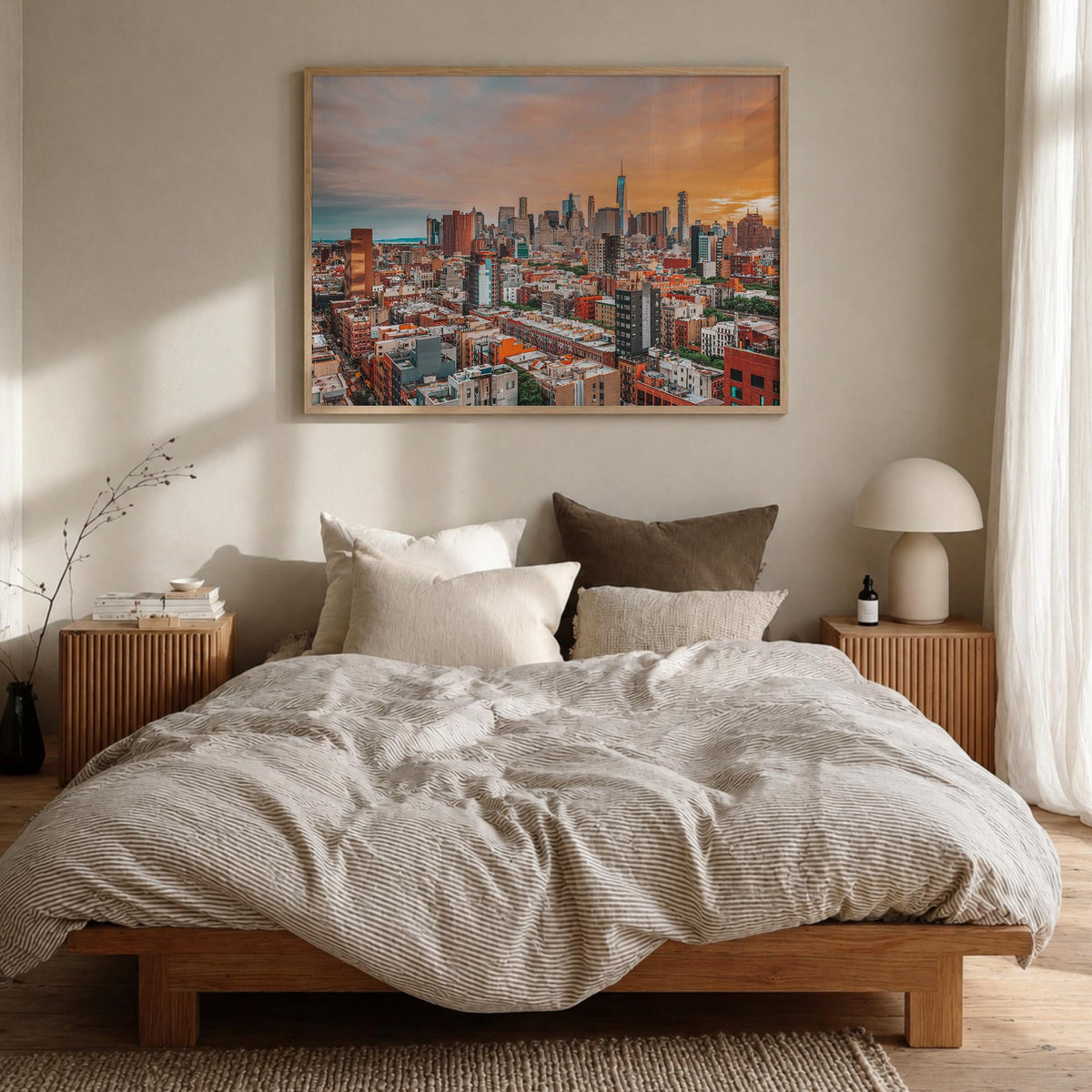 East Village, New York colorful photo poster of New York, USA – horizontal wall art in natural wood frame, hanging on wall