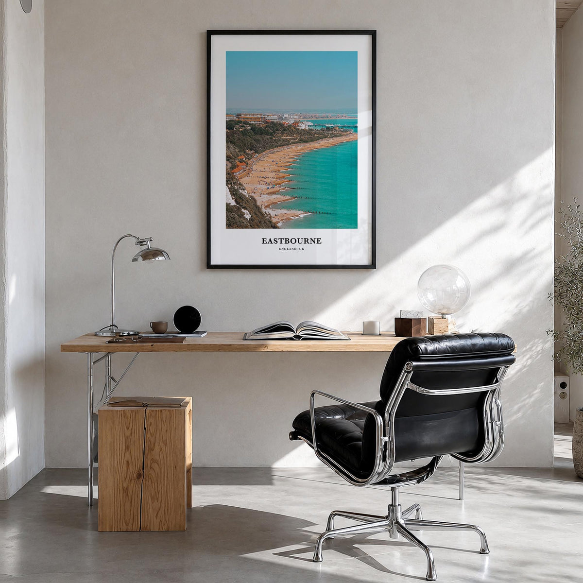 Eastbourne colorful classic poster of United Kingdom – vertical wall art in black wood frame, hanging on wall