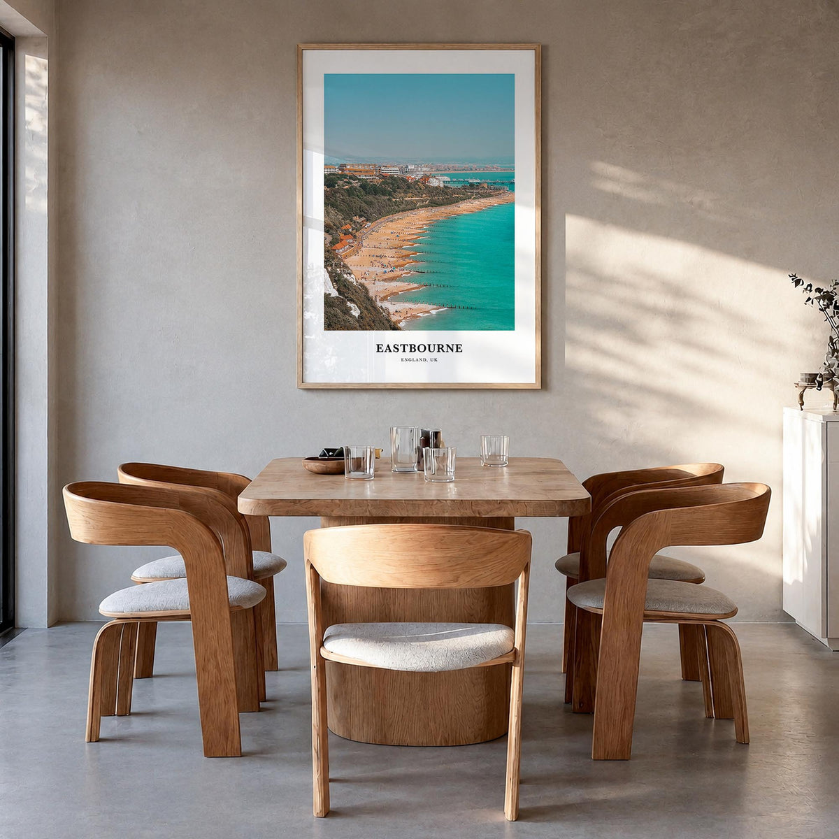 Eastbourne colorful classic poster of United Kingdom – vertical wall art in natural wood frame, hanging on wall