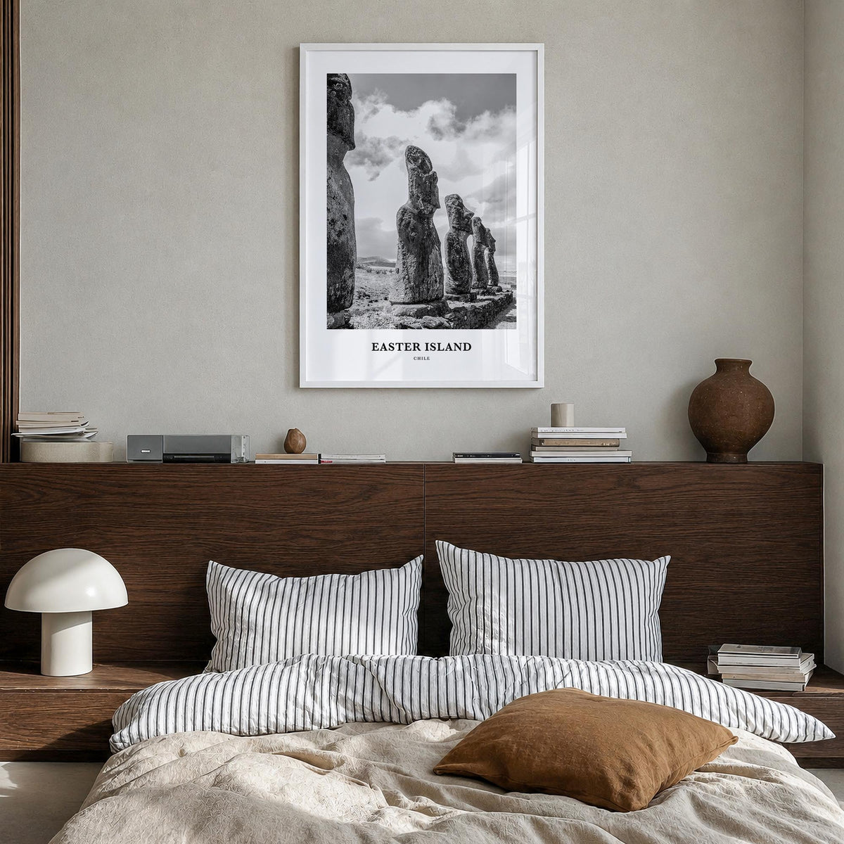 Easter Island black & white classic poster of Chile – vertical wall art in white wood frame, hanging on wall