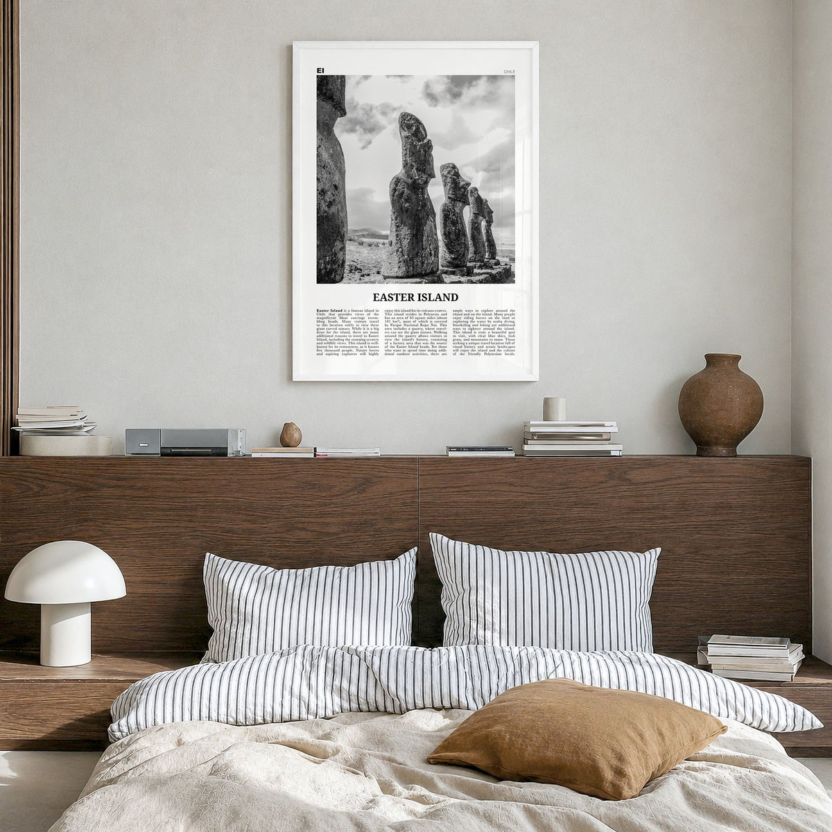 Easter Island Newspaper Poster in a white wood frame, hanging in a bedroom