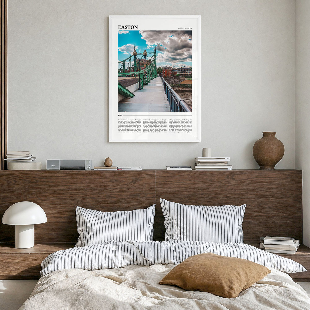 Easton Travel Poster in a white wood frame, hanging in a bedroom
