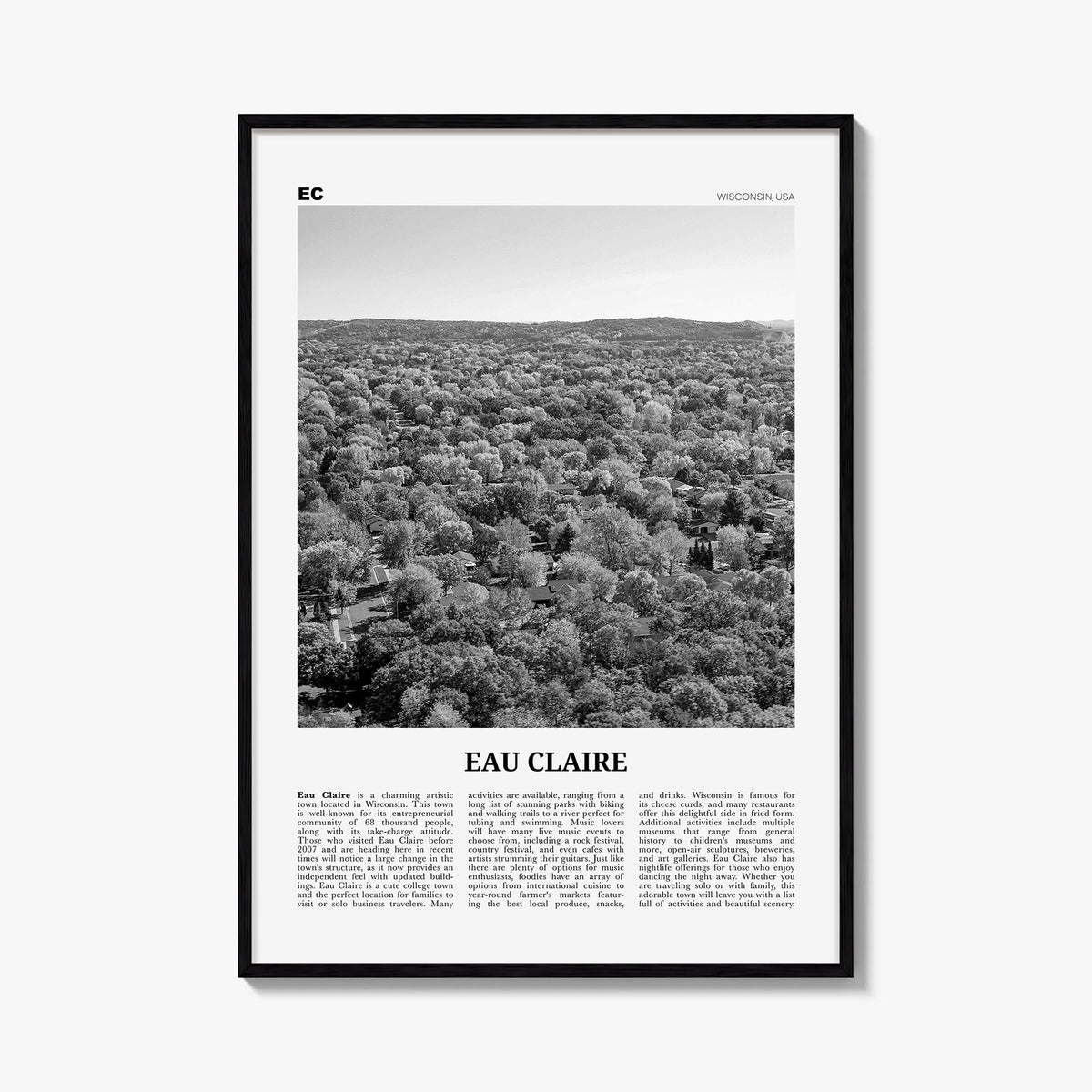 Eau Claire black & white newspaper poster of Wisconsin, USA – vertical wall art, unframed print shown in interior mockup