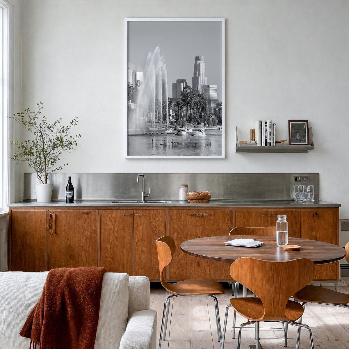 Echo Park black & white photo poster of Los Angeles, California – vertical wall art in white wood frame, hanging on wall