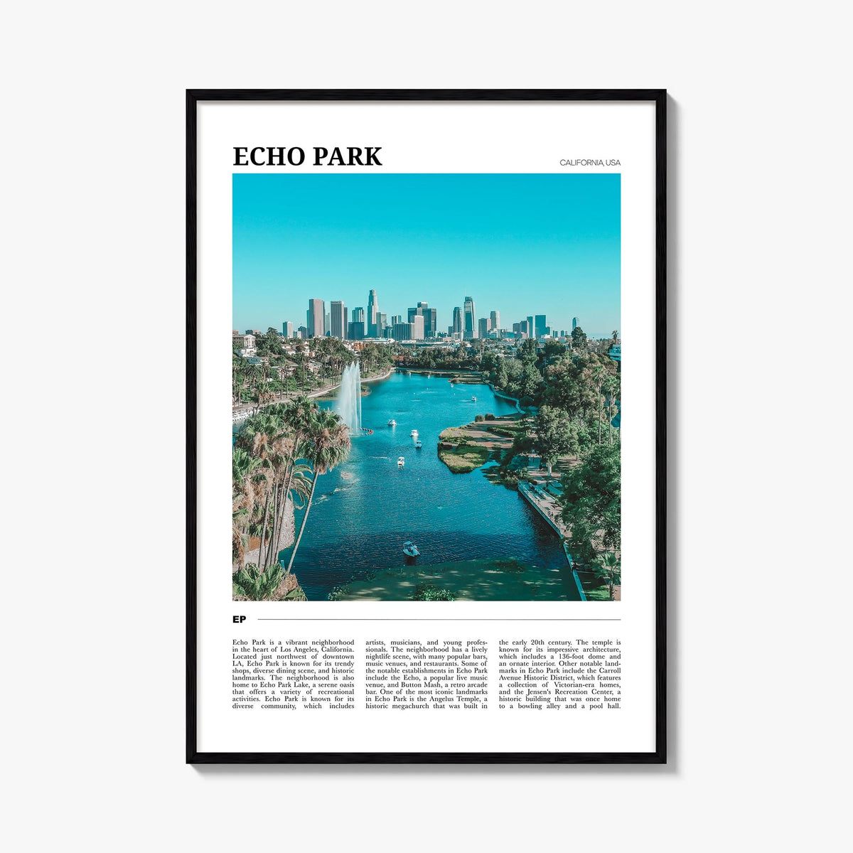 Echo Park colorful travel poster of Los Angeles, California – vertical wall art, unframed print shown in interior mockup